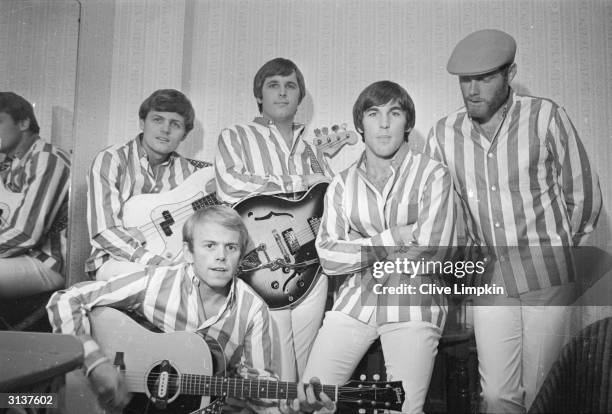 American rock group The Beach Boys at the Finsbury Astoria. They are, Bruce Johnston, Al Jardine , Carl Wilson , Dennis Wilson , and Mike Love.