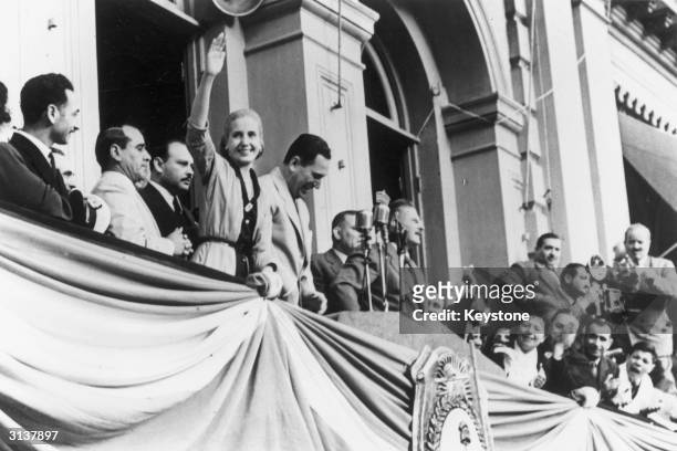Eva Duarte De Peron waving to the crowds on the occasion of the 4th anniversary of her husband's government. Her husband, President Juan Domingo...
