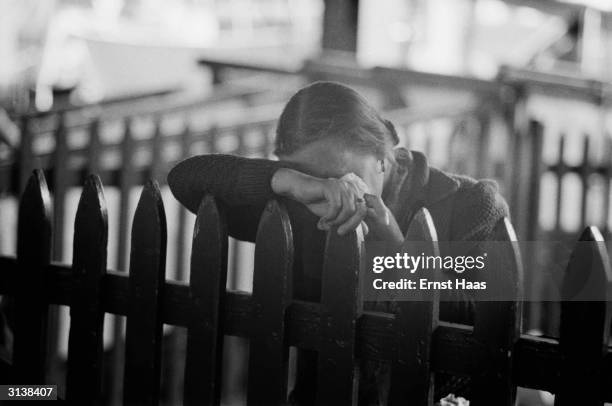 Woman crying at Ellis Island, New York, having travelled to America on board the USS General R. M. Blatchford, with other displaced persons from...