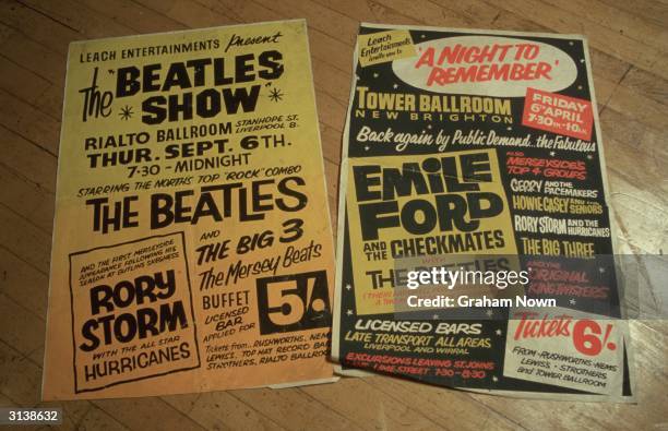 Posters, one featuring a misspelling of The Beatles at the bottom of the bill, from 'Beatle City', a museum of souvenirs and mementos of the...