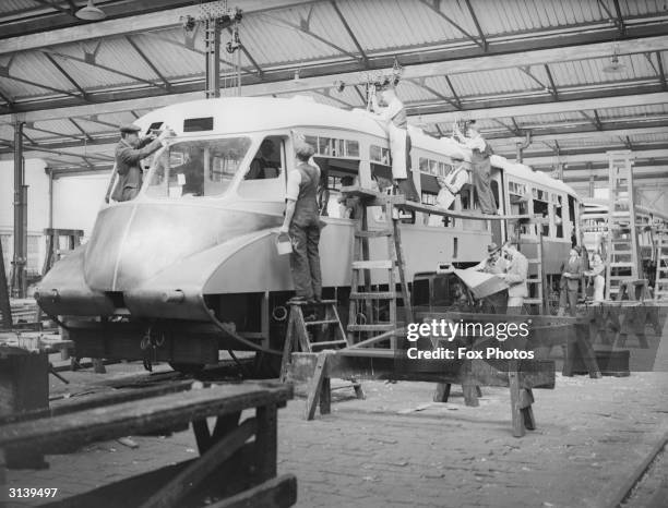 Great Western Railways streamlined train under construction at the Swindon Works.