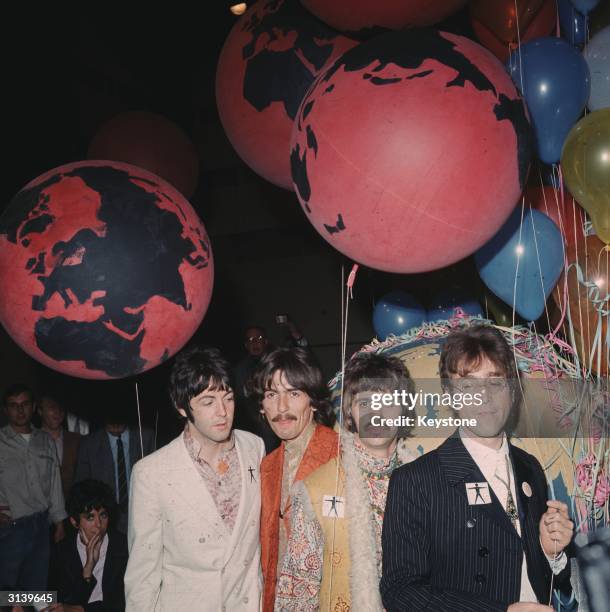 The Beatles at the EMI studios in Abbey Road, as they prepare for 'Our World', a world-wide live television show broadcasting to 24 countries with a...