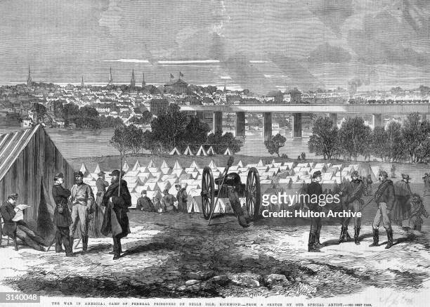 Union prisoners of war being contained in a Confederate camp on Belle Isle, an island on the James River in Richmond, Virginia, during the American...