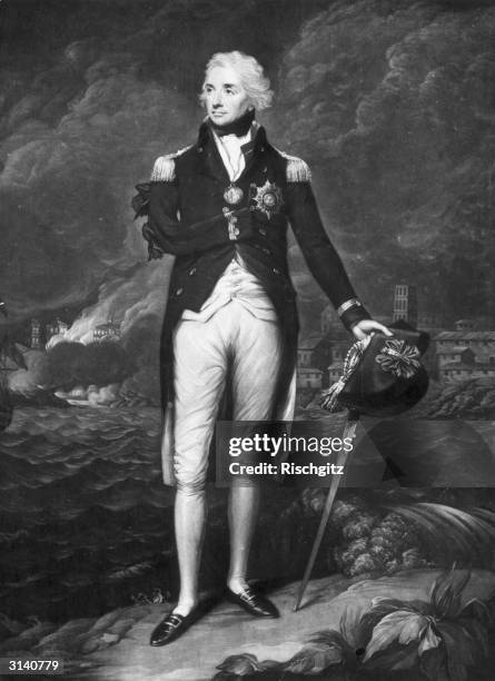 British military hero, Admiral Horatio Nelson . He lost his right arm during a battle with the Spanish at Santa Cruz. Original Artwork: Engraving...