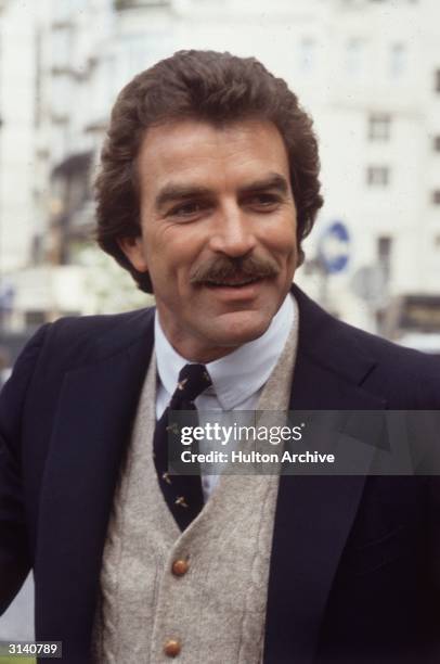 American actor Tom Selleck in London, where he is filming an episode of 'Magnum PI'.