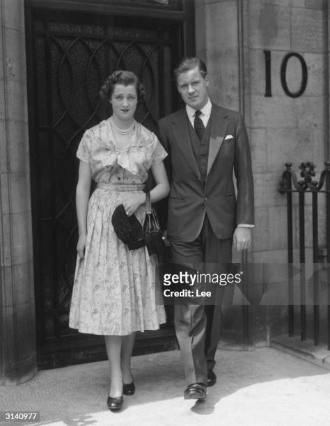 Viscount Althorp son of the Earl and Countess Spencer with his fiancee eighteen year old Hon Frances Roche, daughter of Lord and Lady Fermoy. They...