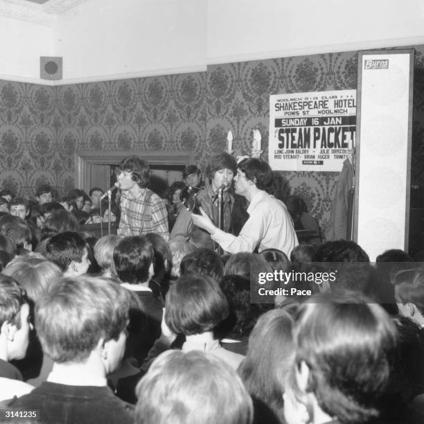 British rhythm 'n' blues band the Spencer Davis Group, Steve Winwood, Peter York, Spencer Davis and Muff Winwood, playing at the Shakespeare Hotel in...