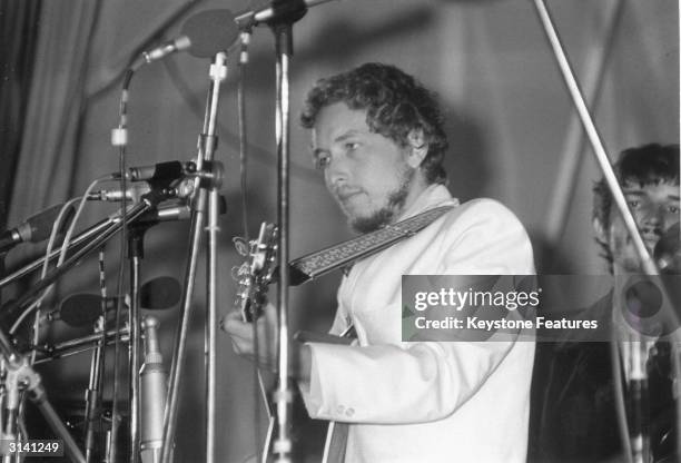 First stage appearance of Bob Dylan for over three years. He is on stage at the Isle of Wight Festival.