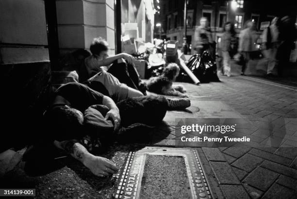 homeless people with dogs huddled together on pavement, night (b&w) - homelessness stockfoto's en -beelden