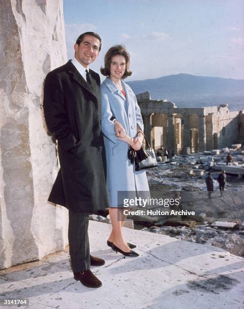 King Constantine of Greece with his fiancee Princess Anne-Marie of Denmark on the Acropolis in Athens.