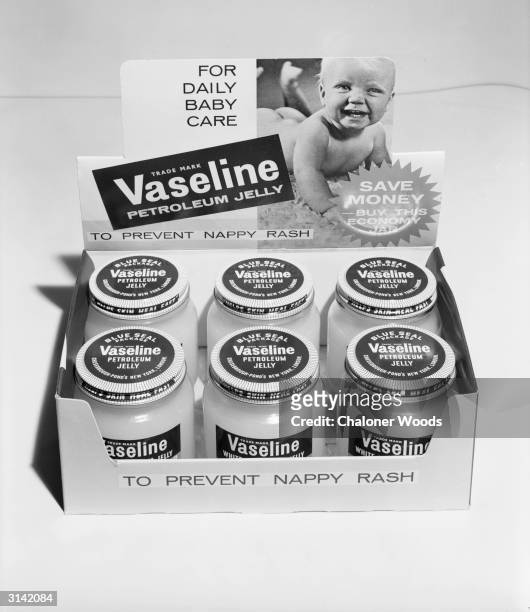 Jars of vaseline advertised as 'designed to prevent nappy rash'.