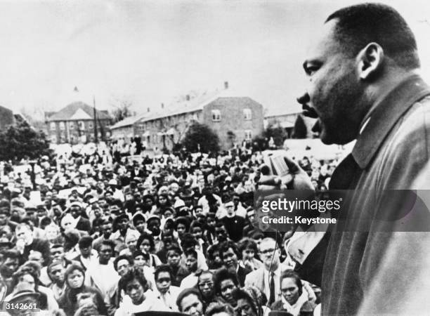 Dr Martin Luther King addresses civil rights marchers in Selma, Alabama, April 1965.