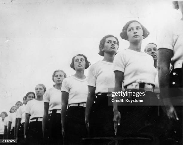 Fascist Girls during a display to inaugurate the 'Forum Mussolini', a huge development in Rome, which includes two 20,000 seat stadiums.