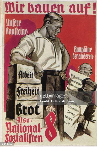 An election poster for the Nazi party, headed 'We Are Building !'. The poster contrasts the Nazi agenda with those of their rivals, who, it is...