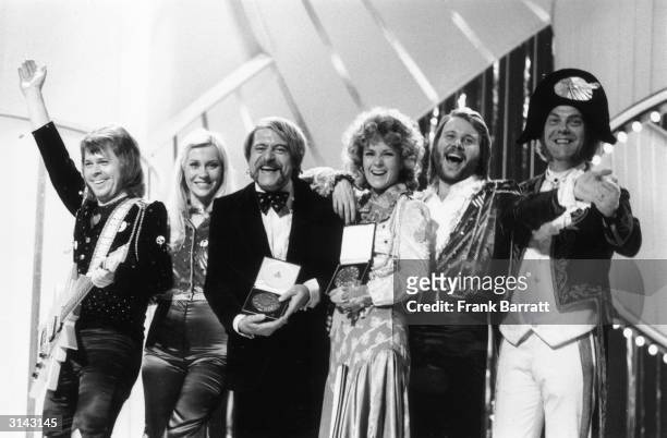 Pop group ABBA, who won the 1974 Eurovision Song Contest at the Dome, Brighton, Sussex. From l to r; Bjorn Ulvaeus, Agnetha Faltskog, song writer...