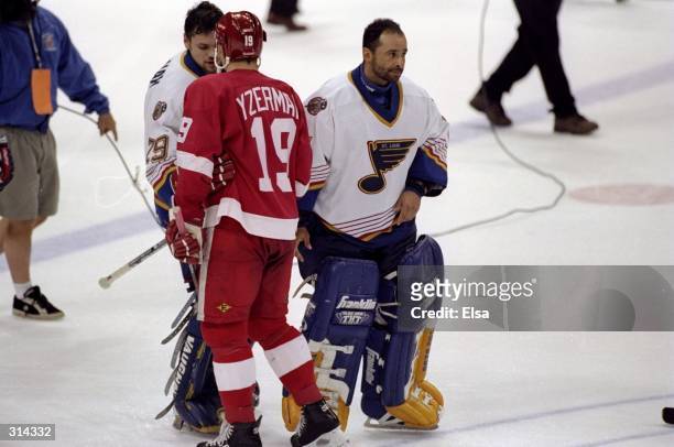 Grant Fuhr of the St. Louis Blues in action during a Western Conference Semi-Final playoff game against the Detroit Red Wings at the Kiel Center in...