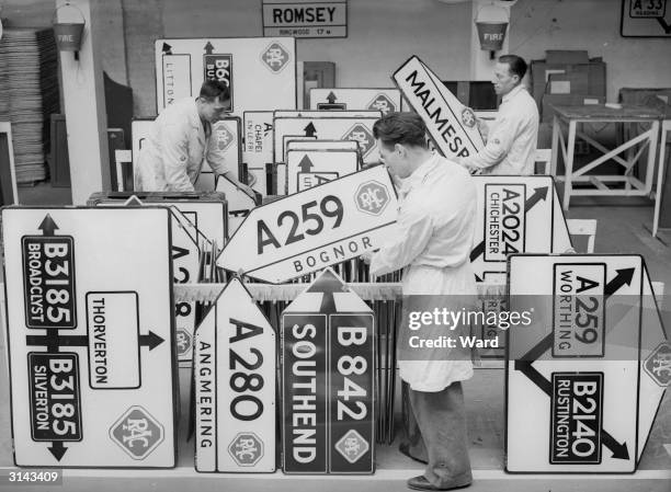 New roadsigns being stored at the RAC sign factory at Victoria, London.