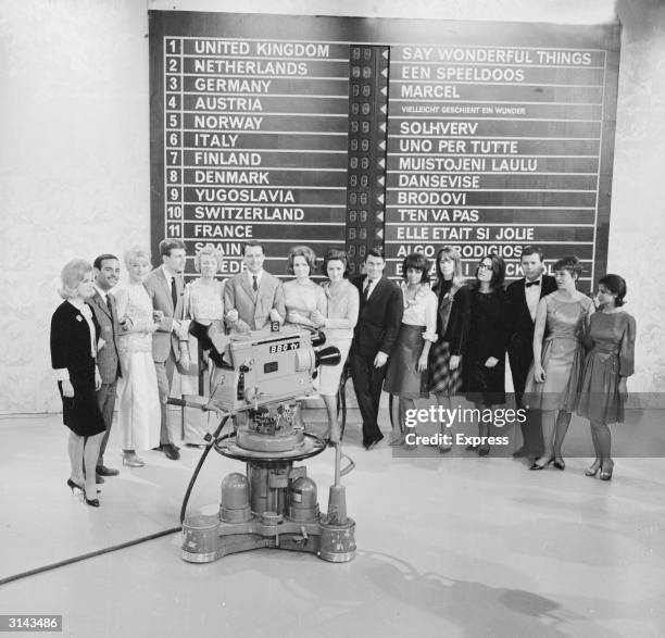 The contestants of the 1963 Eurovision Song Contest. From left to right, they are Heidi Bruhl of Germany, Jose Guardiola of Spain, Monica Zetterlund...