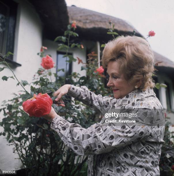 English actress Beryl Reid pruning roses at her home.