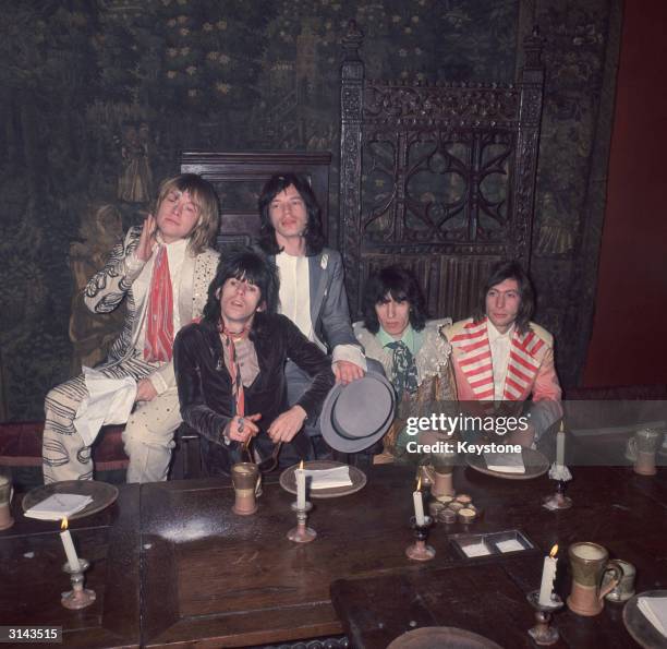 British rock group The Rolling Stones, Brian Jones , Keith Richards, Mick Jagger, Bill Wyman and Charlie Watts at the Kensington Gore Hotel, where...