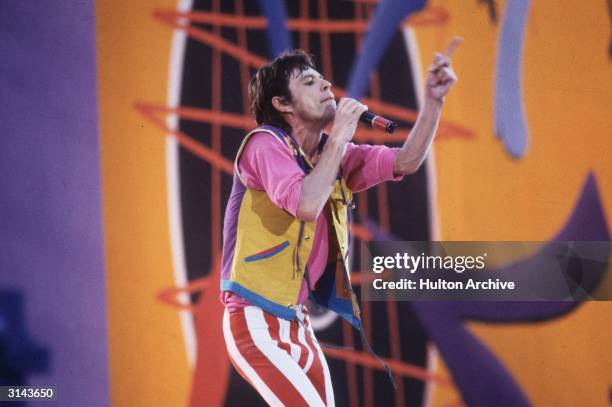 Mick Jagger, the lead singer of The Rolling Stones during a concert at Wembley Stadium.