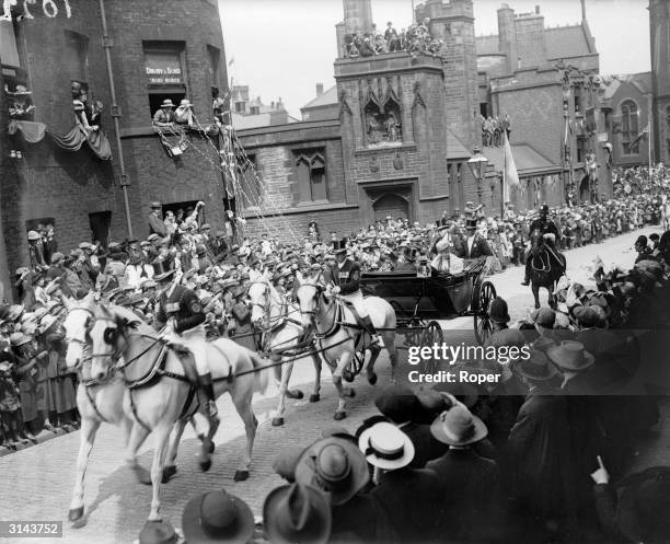 Procession through Norfolk Street during the royal visit to Sheffield.