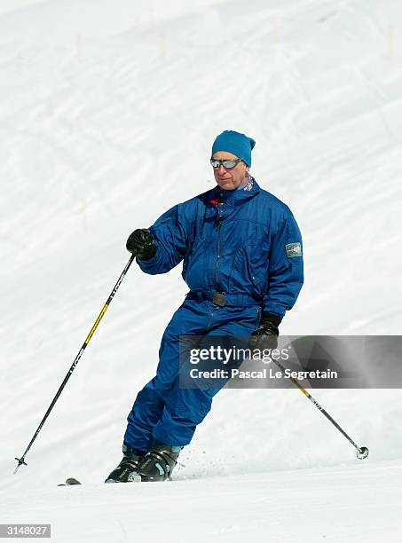 Prince Charles skies in the Swiss village of Klosters at the start of their annual skiing holiday in the Swiss Alps on March 28, 2004 in Switzerland.