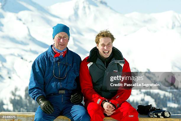 Prince Charles poses with son Prince William in the Swiss village of Klosters at the start of their annual skiing holiday in the Swiss Alps on March...