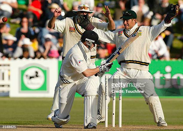 Brendon McCullum of New Zealand is bowled by Nicky Boje during the third day of the Third Test match between New Zealand and South Africa played at...