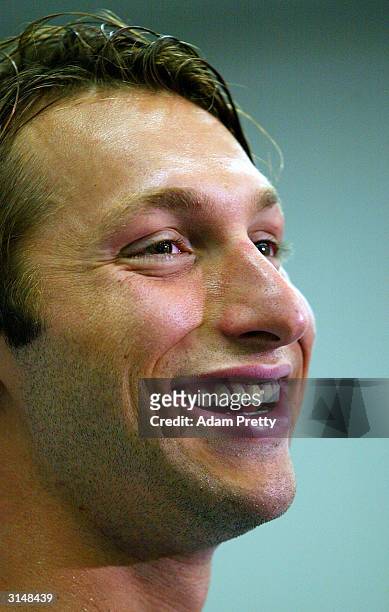 Ian Thorpe of Australia holds a press conference to speak about his 400m freestyle disqualification during day 2 of the Telstra Olympic Team Swimming...