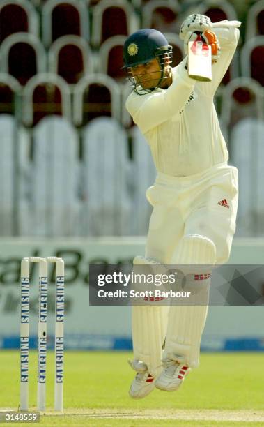 Virender Sehwag of India hits out during day one of the 1st Test Match between Pakistan and India at Multan Stadium on March 28, 2004 in Multan,...