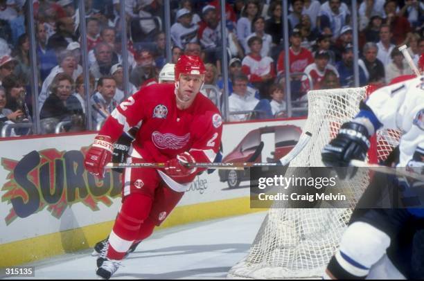 Viacheslav Fetisov of the Detroit Red Wings in action during the Stanley Cup Finals game against the Washington Capitals at the MCI Center in...