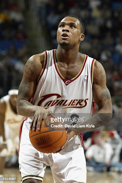 Dajuan Wagner of the Cleveland Cavaliers shoots a free throw during the game against the Utah Jazz on March 19, 2004 at Gund Arena in Cleveland,...