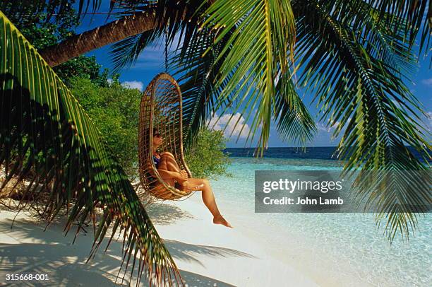 woman in cane chair hanging from palm over beach, ihuru, maldives - maldives beach stock pictures, royalty-free photos & images