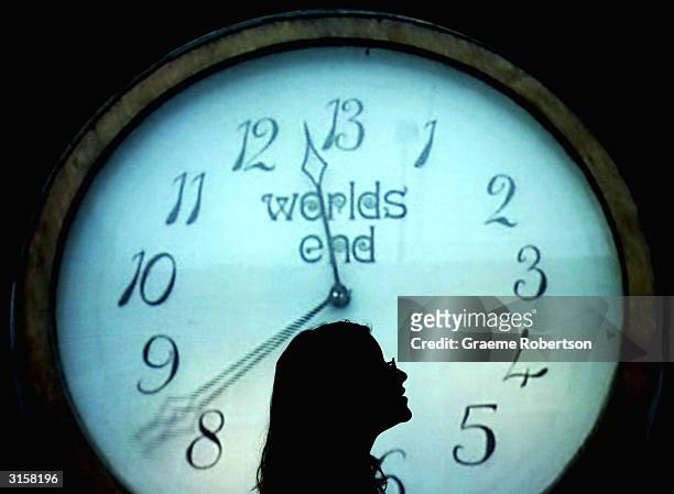 Vivian Westwoods 'Worlds End Clock' is seen at the opening of her new exhibition at the V&A Museum on March 30, 2004 in London. The exhibition will...