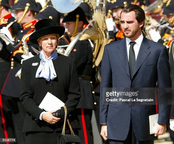Prince Nikolaos of Greece and Queen Anne-Marie of Greece attend the funeral of the Dutch Queen Mother, Princess Juliana, at Nieuwe Kerk on March 30,...