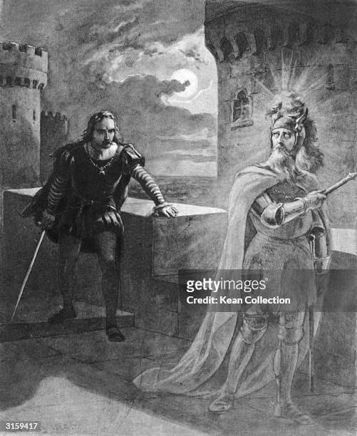 Illustration of Hamlet facing a ghost on a castle terrace in a scene from William Shakespeare's play, 'Hamlet.'
