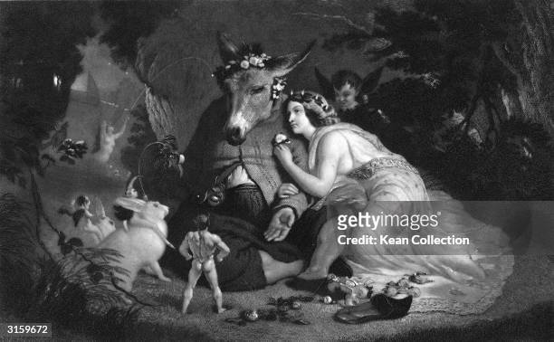 Engraved illustration of a scene from William Shakespeare's play 'A Midsummer Night's Dream,'