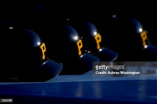 General view of Pittsburgh Pirates helmets during a game against the Los Angeles Dodgers at Dodger Stadium in Los Angeles, California. The Dodgers...