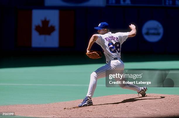 Javier Vazquez of the Montreal Expos in action during an interleague game against the Baltimore Orioles at the Olympic Stadium in Montreal, Canada....
