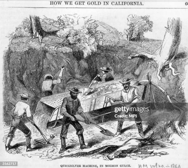 Gold prospectors using a quicksilver machine in Mormon Gulch, California.