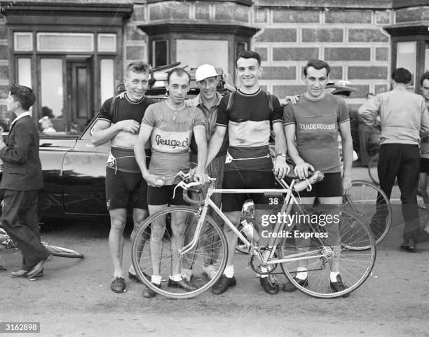The Belgian team at the start of a Daily Express Tour of Britain cycle race from Hastings to Southsea. They are Jean Bourgeois, Albert Bodson, Marcel...