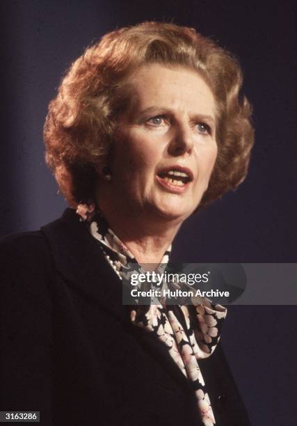 British prime minister Margaret Thatcher speaking at the Conservative Party Conference in Blackpool.