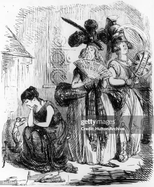 Satirical Punch cartoon by John Leech , entitled 'The Irish Cinderella and her Haughty Sisters, Britannia and Caledonia', depicting Cinderella as a...