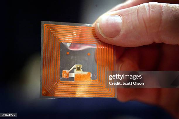 Texas Instruments displays a smart label which uses radio frequency identification technology at the RFID Journal Live trade show March 30, 2004 in...
