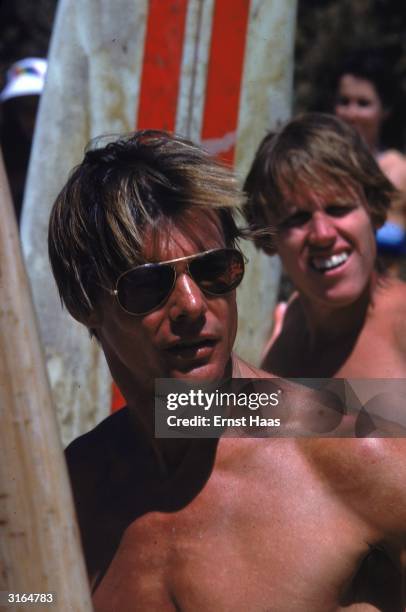 Actors Jan Michael Vincent and Gary Busey who play Matt and Leroy respectively in the film 'Big Wednesday', a film about Californian surfers, on...