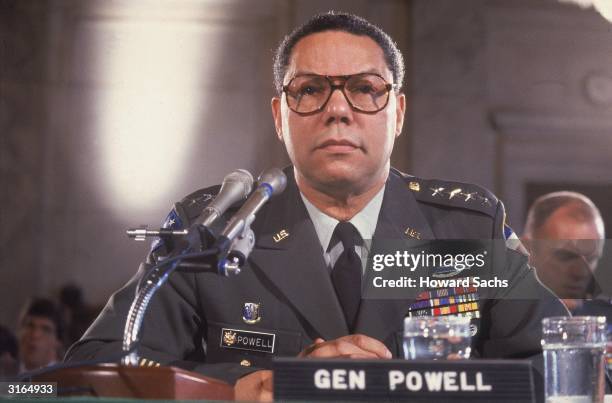 General Colin Powell testifying before a Senate committee on his appointment as Chairman of the Joint Chiefs of Staff.