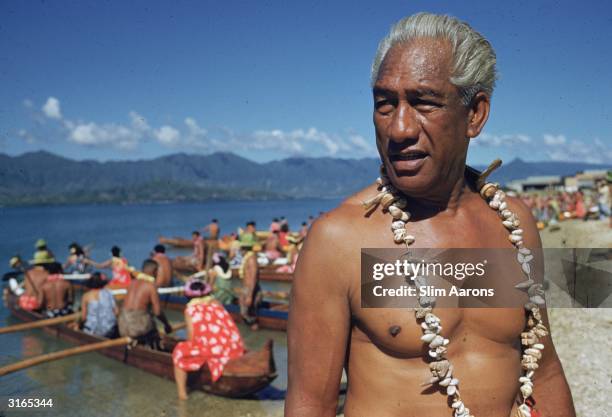 Duke Paoa Kahanamoku playing a Native Chief in the film 'Mister Roberts'. Kahanamoku was an Olympic swimming champion before his acting career and...