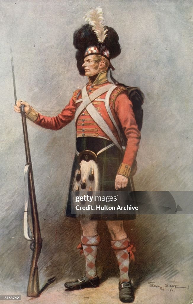 Highlander Rifles Regiment A Gordon Highlander in his regimental uniform and holding a gun and ...