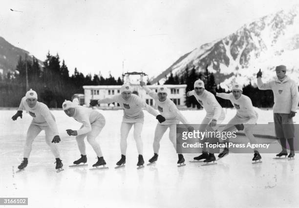 Group of American speed skaters practising for the 1924 Winter Olympics at Chamonix, France, January 1924.